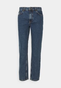 Mörkblå denimjeans med rak bendesign, femficksstil och kontrasterande sömmar. Har en knapp- och dragkedjestängning.