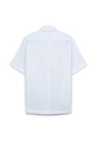 Weißes Poloshirt mit kurzen Ärmeln aus einem strukturierten Stoff, mit einem einfachen Kragen und geradem Saum, ohne zusätzliche Verzierungen.