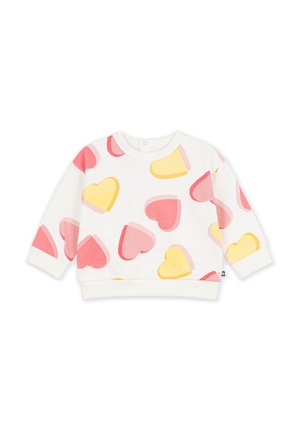 Weißes Baby-Sweatshirt mit langen Ärmeln, pinken und gelben Herzmustern und einem Druckknopf am hinteren Halsausschnitt.