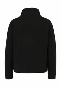 Schwarz, leichte Jacke mit hohem Kragen und langen Ärmeln. Glattes Material mit einfarbigem Muster, mit geradem Schnitt am Saum.
