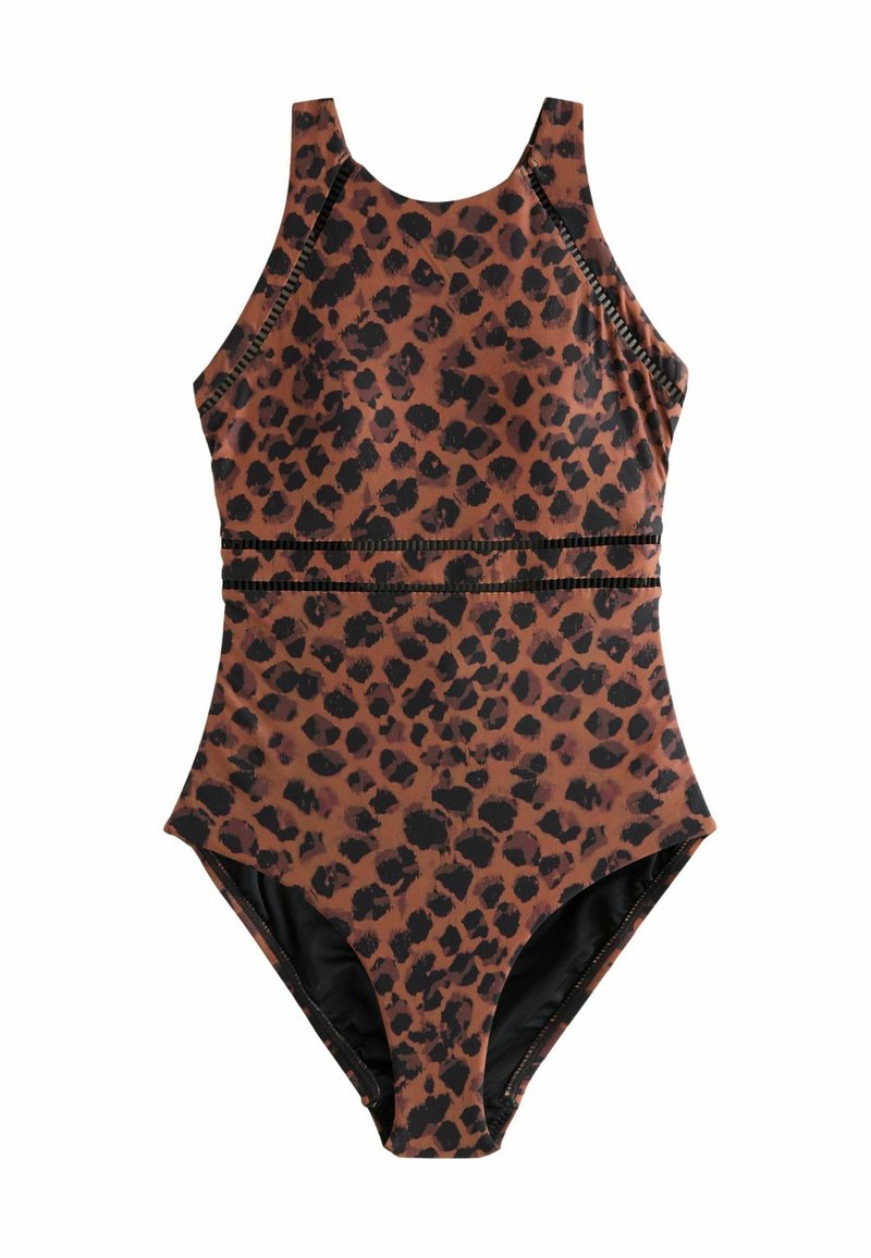Maillot de bain à imprimé léopard en brun et noir, avec un col haut, un dos nageur et un design sans couture. Tissu lisse avec une finition élastique.