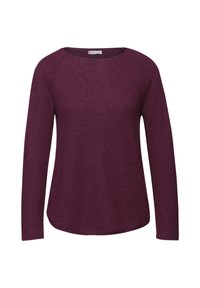 Bordeaux lange mouw top met een ronde halslijn, zachte textuur en een afgeronde zoom, voorzien van raglanmouwen voor een comfortabele pasvorm.