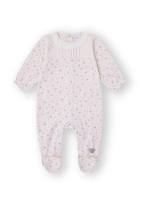 Pijama rosa de manga larga para bebé con pequeño estampado floral, detalle de cuello con volantes, botones a presión en las piernas y cubre pies.