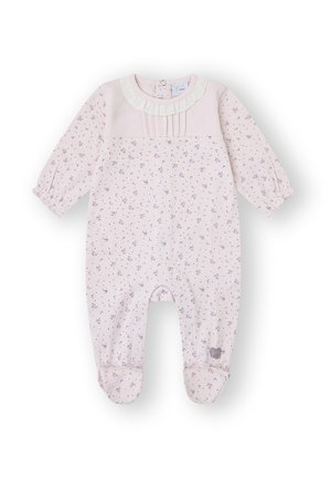 Pijama rosa de manga larga para bebé con pequeño estampado floral, detalle de cuello con volantes, botones a presión en las piernas y cubre pies.