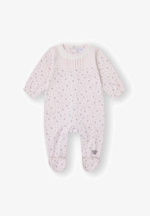 Pijama rosa de manga larga para bebé con pequeño estampado floral, detalle de cuello con volantes, botones a presión en las piernas y cubre pies.