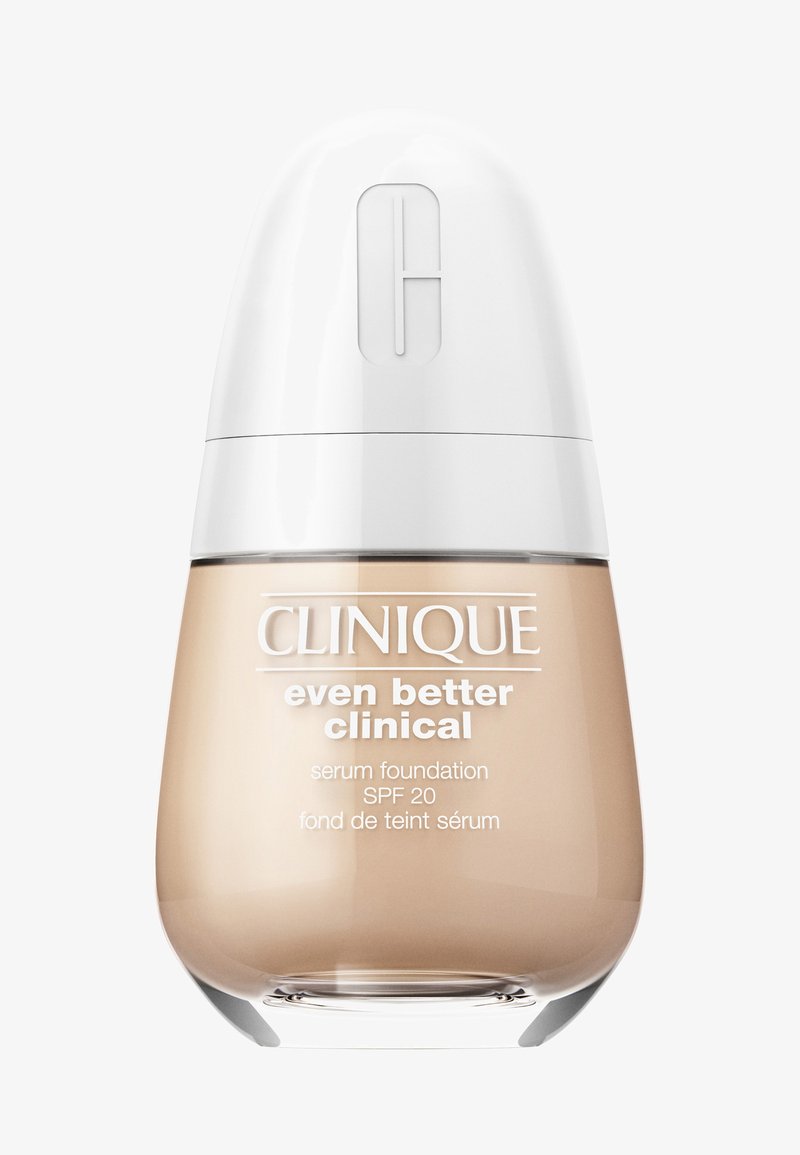 Clinique Even Better Clinical serum foundation, doorschijnende bruine vloeistof in een ronde glazen verpakking met een witte dop en gegraveerd logo. SPF 20.