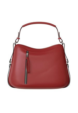 Red leather handbag with a curved rectangular shape, single top handle, and vertical zippered pocket on front.