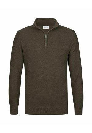 Oliven grøn lynlås-trøje med høj hals og lange ærmer, struktureret stof, ribbede ærmekanter og kant, med en sølvfarvet lynlåsdetalje ved kraven.