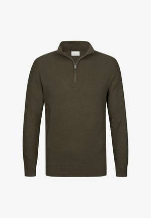 Olive zielony sweter z zamkiem przy kołnierzu, długimi rękawami, teksturowaną tkaniną, ściągaczami na mankietach i dole, z ozdobnym srebrnym zamkiem na kołnierzu.