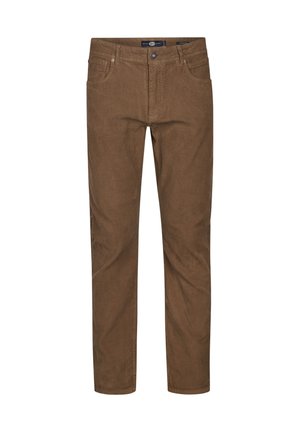 Braun gestreifte Corduroyhose mit geradem Bein, fünf Taschen und einem Frontknopfverschluss. Strukturierter Stoff mit vertikalen Rippungen.