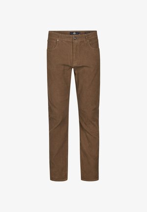 Pantaloni in velluto a coste marrone con design a gamba dritta, cinque tasche e chiusura con bottone anteriore. Tessuto testurizzato con righe verticali.
