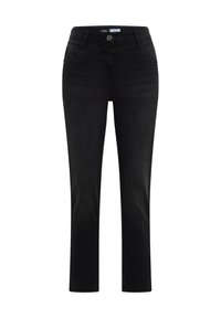 Jeans de mezclilla negra con corte ajustado, que cuentan con bolsillos frontales, una cinturilla con botones y una textura suave. Diseño de pierna recta, sin patrones distintivos.