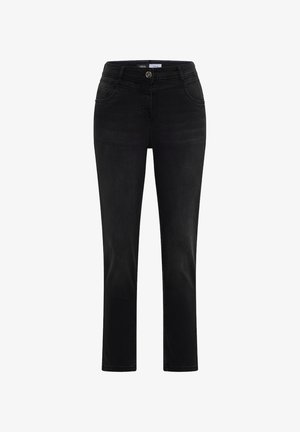 Svarta denimjeans med slim fit, med framfickor, knäppning i midjan och en jämn textur. Raka ben, utan distinkta mönster.