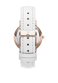 Uhr mit weißem Lederband und rundem Gehäuse aus Roségold, ausgestattet mit einer glatten Oberfläche und verstellbarem Schnallenverschluss, sichtbarem Zifferblatt und Hardware-Details.