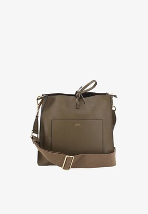 Grau strukturiert Tasche aus Leder mit einem oberen Reißverschluss, abnehmbarem Schultergurt und einer Fronttasche. Mit Details aus goldfarbenem Metall und einer Schleife.