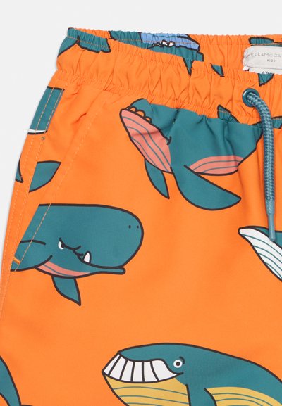 Πορτοκαλί παιδικό μαγιό σορτς με βελούδινες φάλαινες σε τιρκουάζ και ροζ χρώμα και μπλε κορδόνι στη ελαστική μέση.