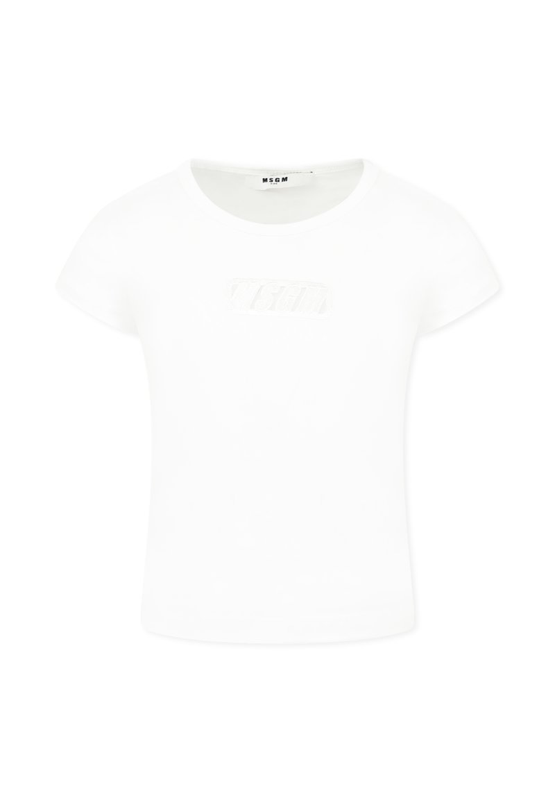 T-shirt bianca a maniche corte in cotone con scollatura rotonda. Presenta un logo testurizzato sul davanti in un design leggermente in rilievo.