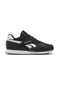 Black athletic sneaker with white accents, featuring a textured upper, lace-up design, cushioned sole, and Reebok branding on the side.