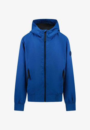 Blauwe jas met een ritssluiting en capuchon, gemaakt van gladde stof. Voorzien van zwarte zakken met rits en geribbelde manchetten aan de mouwen en zoom.