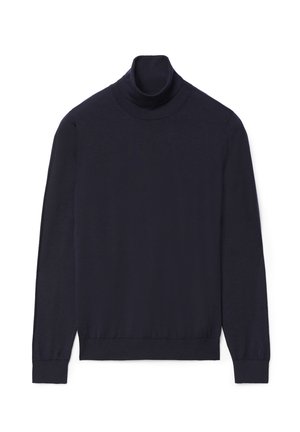 Maglione a collo alto di colore blu navy realizzato in tessuto morbido e elasticizzato. Maniche lunghe, design aderente con polsini e orlo a coste, senza motivi o accenti visibili.