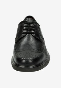 Zwarte leren dresschoenen met een ronde neus, zes veterogen, gedetailleerde brogue-accenten en een gladde textuur. Voorzien van een stevige, platte zool.