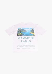 White cotton t-shirt featuring a colorful landscape graphic of lakes and mountains on the back, with "Mammoth Lakes" text in teal.