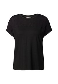 Sort kortærmet t-shirt med en tekstureret øvre panel, rund halsudskæring og en afslappet pasform. Blødt stof med en glat tekstur.