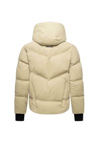 Giacca a vento in beige chiaro con cappuccio, caratterizzata da un design trapuntato e polsini neri. Texture liscia e stile minimalista.