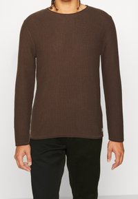 Pull brun à manches longues en maille avec un motif texturé, col rond et bordure contrastante aux poignets et à l'ourlet.