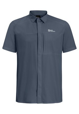 Kurzärmliges, knöpfbares Hemd in Dunkelblau, aus leichtem Stoff gefertigt. Verfügt über zwei Brusttaschen und ein dezentes Texturmuster.