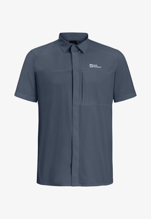 Kurzärmliges, knöpfbares Hemd in Dunkelblau, aus leichtem Stoff gefertigt. Verfügt über zwei Brusttaschen und ein dezentes Texturmuster.