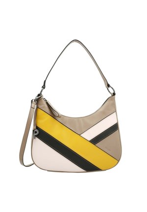 Hobo-Tasche aus beigem, gelbem, schwarzem und weißem Leder; mit diagonalen Streifen, glatter Textur und abnehmbarem Schulterriemen.