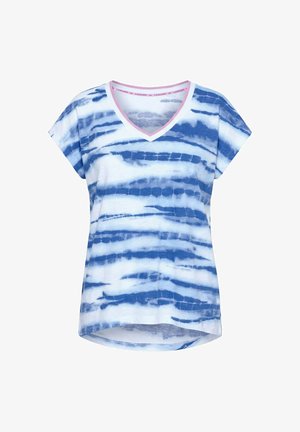 Korte mouwen V-hals shirt met blauw-witte abstracte strepen en een roze rand aan de halslijn, iets langer aan de achterkant.