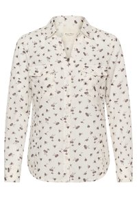 Blouse à manches longues en tissu crème avec un imprimé floral violet et bordeaux, dotée de deux poches avant et d'un col.