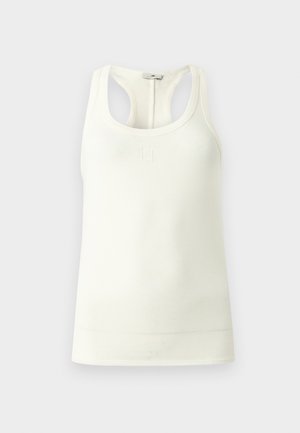 Balts kokvilnas tanktops ar apaļu kakla izgriezumu un sacīkšu aizmugures dizainu. Priekšpusē ir smalks reljefs logotips. Gluda tekstūra un piegulošs siluets.