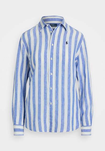Μπλε και λευκή ριγέ πουκαμίσα με μακριά μανίκια από ελαφρύ λινό, με κουμπιά μπροστά και μικρό λογότυπο στο στήθος.