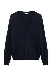 Mornarji modra cardigan z V-izrezom, dolgimi rokavi in zapiranjem s gumbi spredaj. Narejen iz mehke tkanine z gladko teksturo.