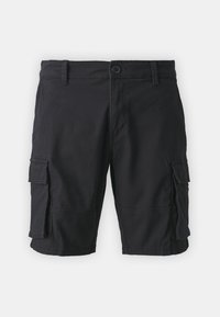 Shorts cargo noirs en tissu résistant, dotés de poches latérales, d'une fermeture à boutons et d'un design à l'avant plat.