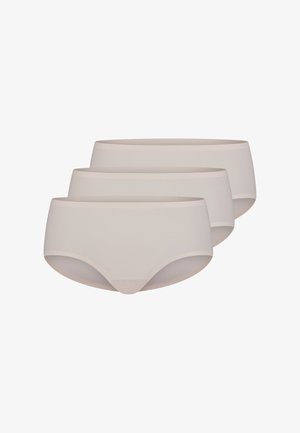 Tre paia di mutande hipster in cotone beige chiaro con una texture liscia e ampie bande elastiche in vita, caratterizzate da un design semplice e senza cuciture.