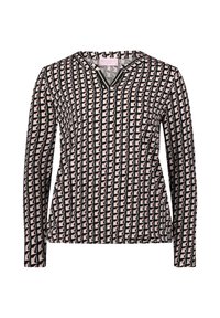 Długi rękaw top w wzorzystym materiale z geometrycznymi kształtami w różowym i czarnym, z dekoltem w kształcie litery V i subtelnymi detalami wykończenia.
