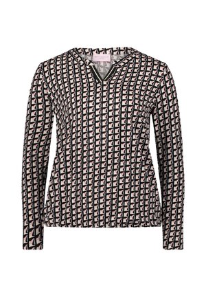 Langarmtop van een patroonstof met geometrische vormen in roze en zwart, met een V-hals en subtiele afwerkingsdetails.