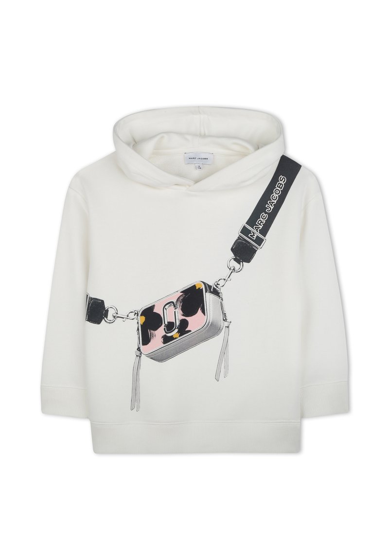 Felpa bianca con una grafica di una borsa rosa e nera stampata sulla parte frontale, dotata di cappuccio con cordino e maniche corte.