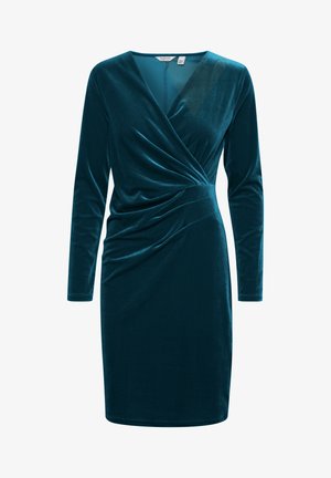Tanzanite-farbendes Samtkleid mit langen Ärmeln, das ein Wickeldesign aufweist und an der Taille geraffte Textur hat, knielang mit einem glatten Finish.