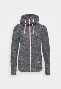 Gray hoodie with a textured fabric, contrasting pink zipper, and drawstrings. Features an adjustable hood and side pockets. Roxy logo present.