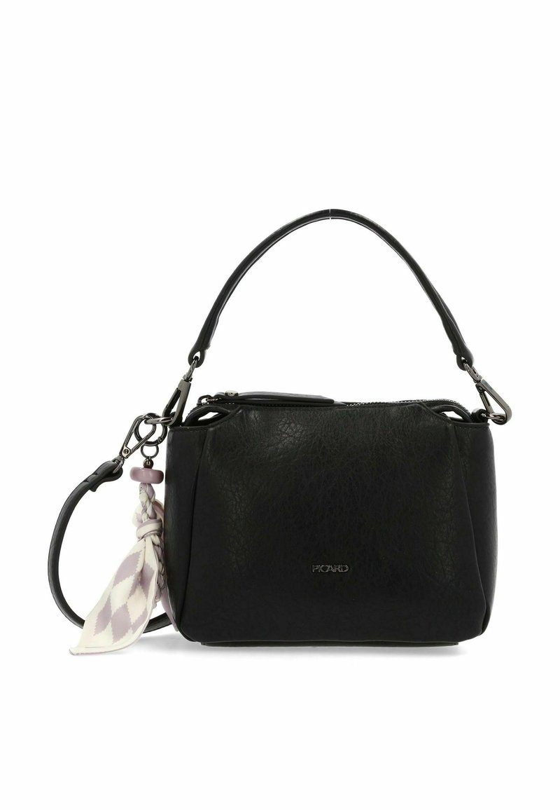 Borsa a tracolla in pelle nera con superficie texture, dotata di un manico corto, una tracolla lunga removibile e un accento decorativo di sciarpa di colore viola chiaro.