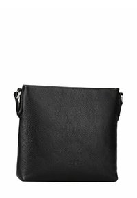 Sac bandoulière en cuir noir au toucher texturé, de forme carrée, avec quincaillerie en argent. Design minimaliste avec un petit logo à l'avant.