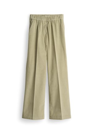 Pantaloni larghi verde chiaro realizzati in tessuto testurizzato, dotati di una cintura elastica e tasche frontali per maggiore praticità.