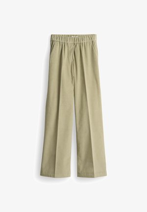 Pantaloni larghi verde chiaro realizzati in tessuto testurizzato, dotati di una cintura elastica e tasche frontali per maggiore praticità.
