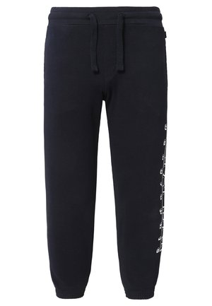 Marineblauwe sweatpants met een koord in de taille, geribbelde boorden en witte grafische details aan de linkerkant. Gemaakt van zachte, gestructureerde stof.