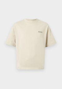 Beige Baumwoll-T-Shirt mit kurzen Ärmeln, rundem Ausschnitt und kleinem "SELECTED"-Logo auf der linken Brust. Glatte Textur.